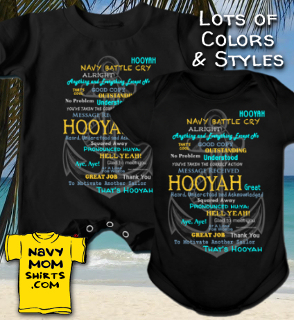 US Navy Baby Onesie Shirts and Sweatshirt Hoodies Hooyah with Anchor by NavyMomShirts.com