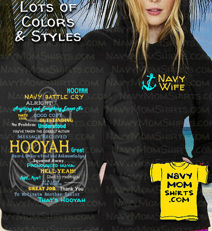 Navy Wife Hooyah sweatshirt hoodies and shirts by NavyMomShirts.com