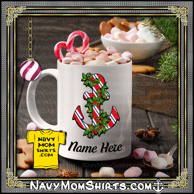 Personalized Christmas Mugs Candy Cane Anchor by NavyFamilyShirts.com